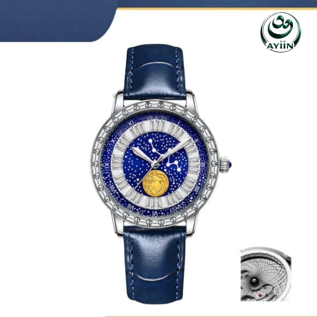 Blue Star Sky Fashion Leather Men's Stone Pointer Waterproof Hook Mystery Night Wrist Watch Waterproof