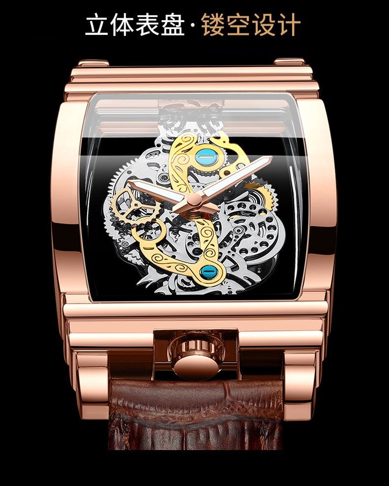 Fashion Barrel-Shaped Motorcycle Gear Skeleton Tourbillon Watch – Genuine Leather Men’s Mechanical Wristwatch with Luminous Hands & Water Resistance