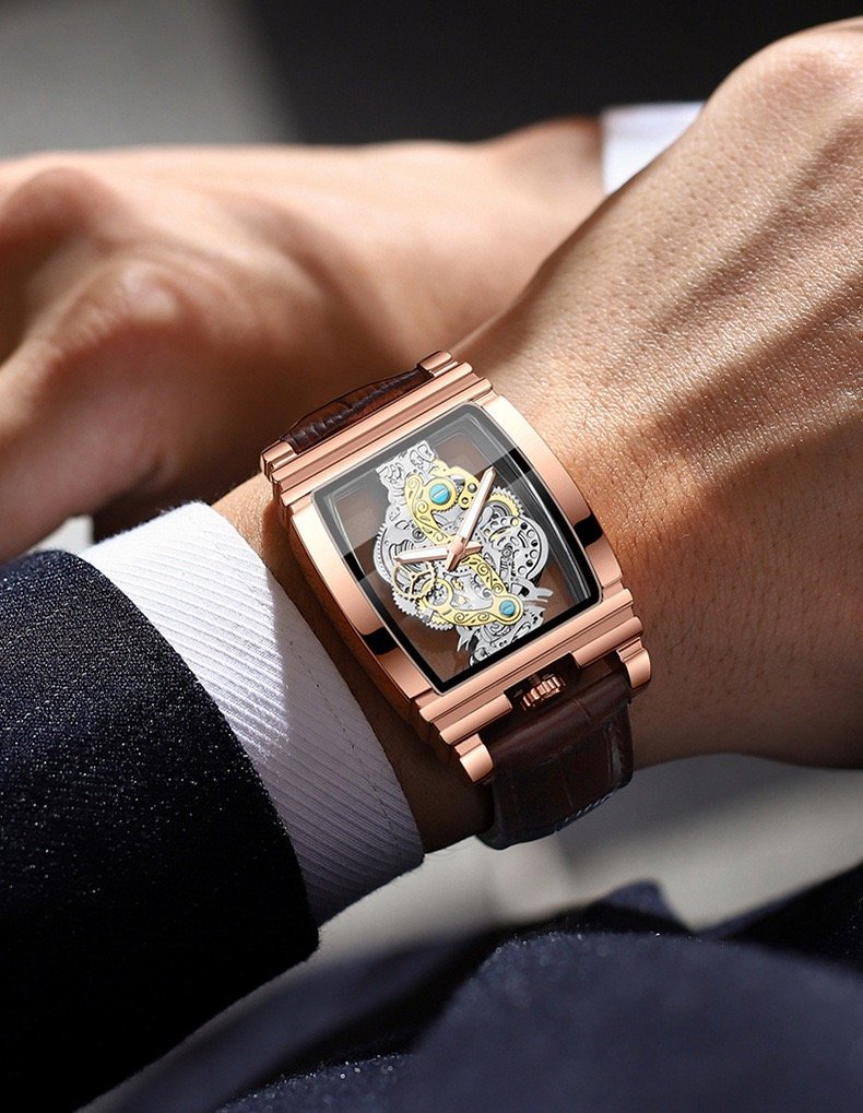 Fashion Barrel-Shaped Motorcycle Gear Skeleton Tourbillon Watch – Genuine Leather Men’s Mechanical Wristwatch with Luminous Hands & Water Resistance