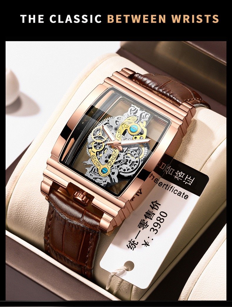 Fashion Barrel-Shaped Motorcycle Gear Skeleton Tourbillon Watch – Genuine Leather Men’s Mechanical Wristwatch with Luminous Hands & Water Resistance