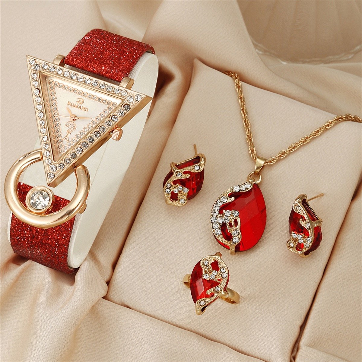 New Women’s Quartz Watch & Peacock Jewelry Set – Inverted Triangle Crystal-Decorated Suede Watch, Casual & Elegant Fashion