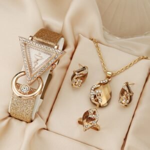 New Women’s Quartz Watch & Peacock Jewelry Set – Inverted Triangle Crystal-Decorated Suede Watch, Casual & Elegant Fashion