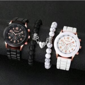 Cross-Border Best-Selling Couple Watch & Jewelry Set – Classic Matching Watches with Black & White Magnetic Heart Design