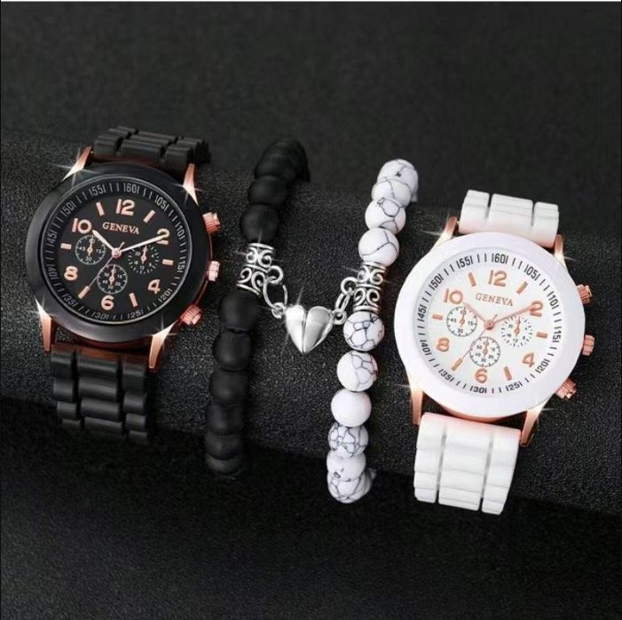 Cross-Border Best-Selling Couple Watch & Jewelry Set – Classic Matching Watches with Black & White Magnetic Heart Design