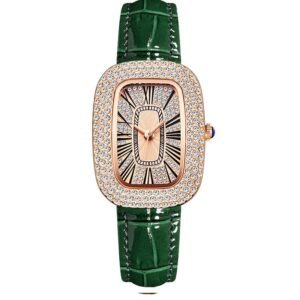 Women’s Elegant Barrel-Shaped Quartz Watch – Rhinestone Starry-Sky Dial with Leather Strap