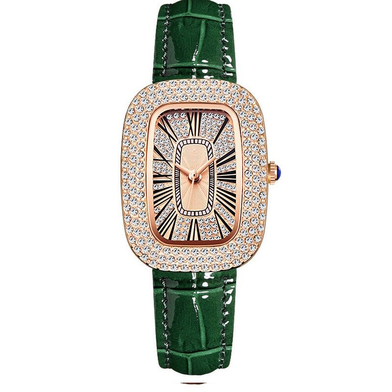 Women’s Elegant Barrel-Shaped Quartz Watch – Rhinestone Starry-Sky Dial with Leather Strap