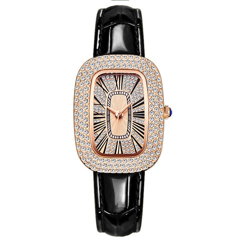 Women’s Elegant Barrel-Shaped Quartz Watch – Rhinestone Starry-Sky Dial with Leather Strap