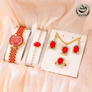 European & American Instagram Trend Women’s Rhinestone Quartz Watch & Jewelry Set – Fashion Colorful Crystal Wristwatch