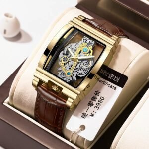 Fashion Barrel-Shaped Motorcycle Gear Skeleton Tourbillon Watch – Genuine Leather Men’s Mechanical Wristwatch with Luminous Hands & Water Resistance