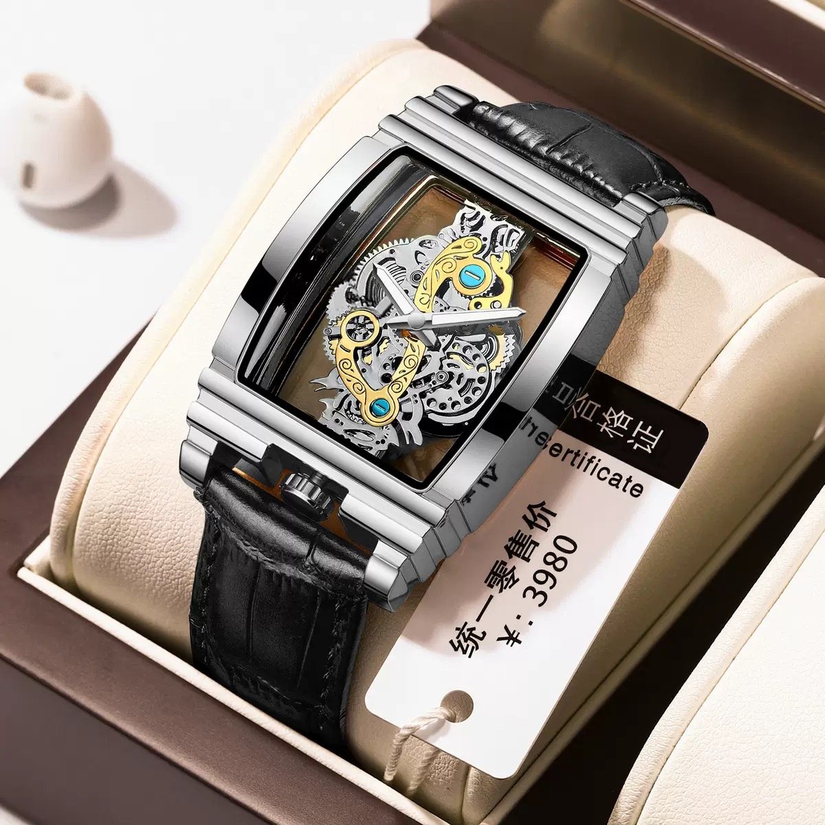 Fashion Barrel-Shaped Motorcycle Gear Skeleton Tourbillon Watch – Genuine Leather Men’s Mechanical Wristwatch with Luminous Hands & Water Resistance
