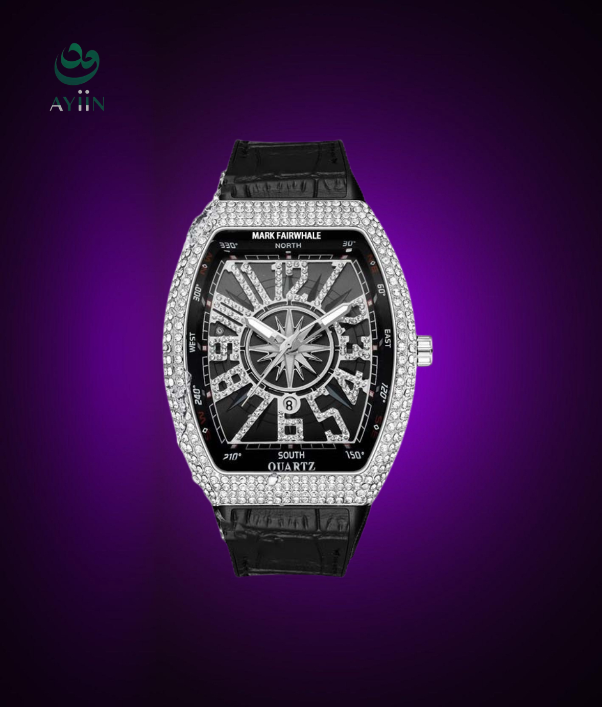 Mark Fairwhale Barrel-Shaped Full Diamond Quartz Watch – Cross-Border Fashion Calendar Wristwatch