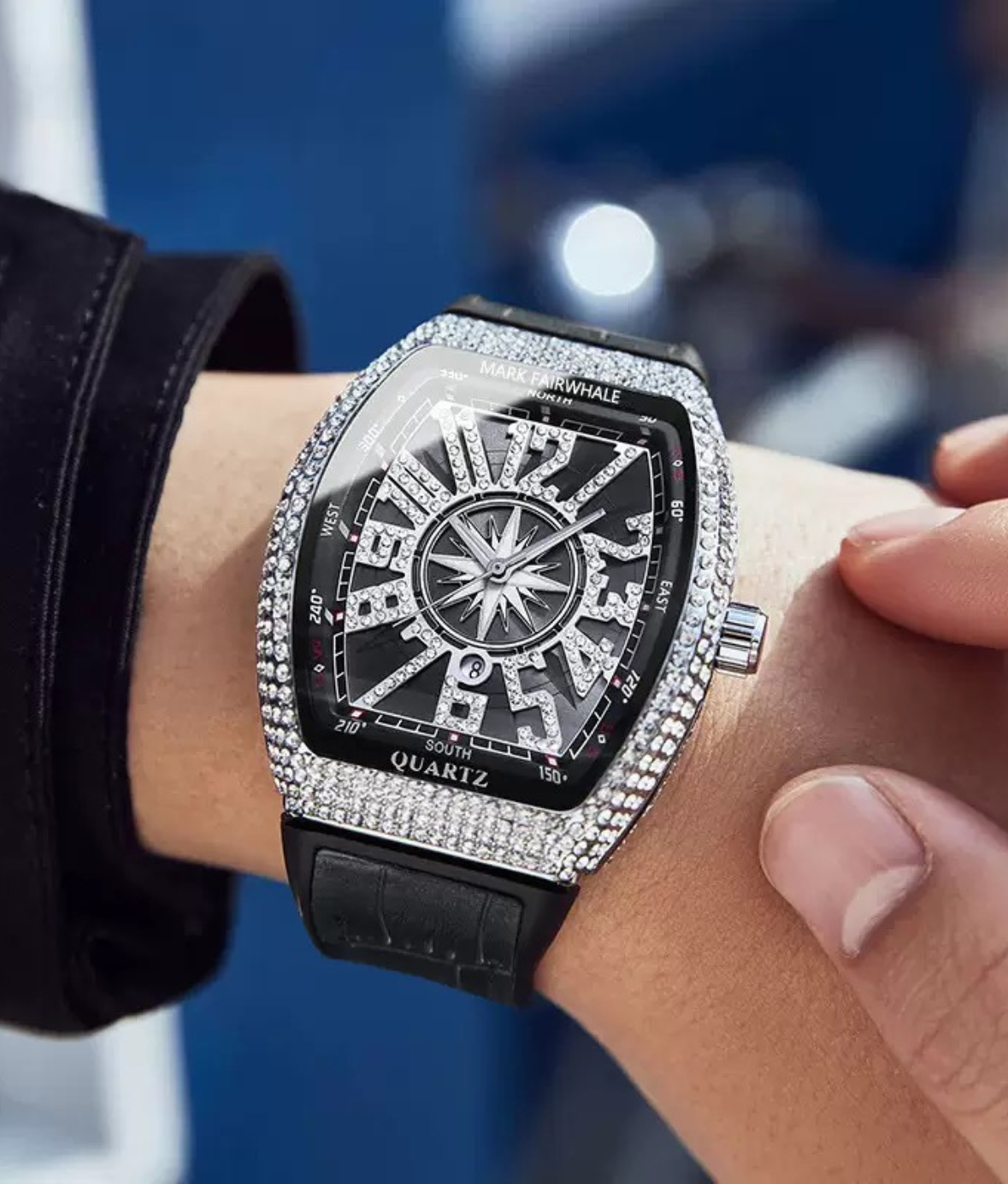 Mark Fairwhale Barrel-Shaped Full Diamond Quartz Watch – Cross-Border Fashion Calendar Wristwatch