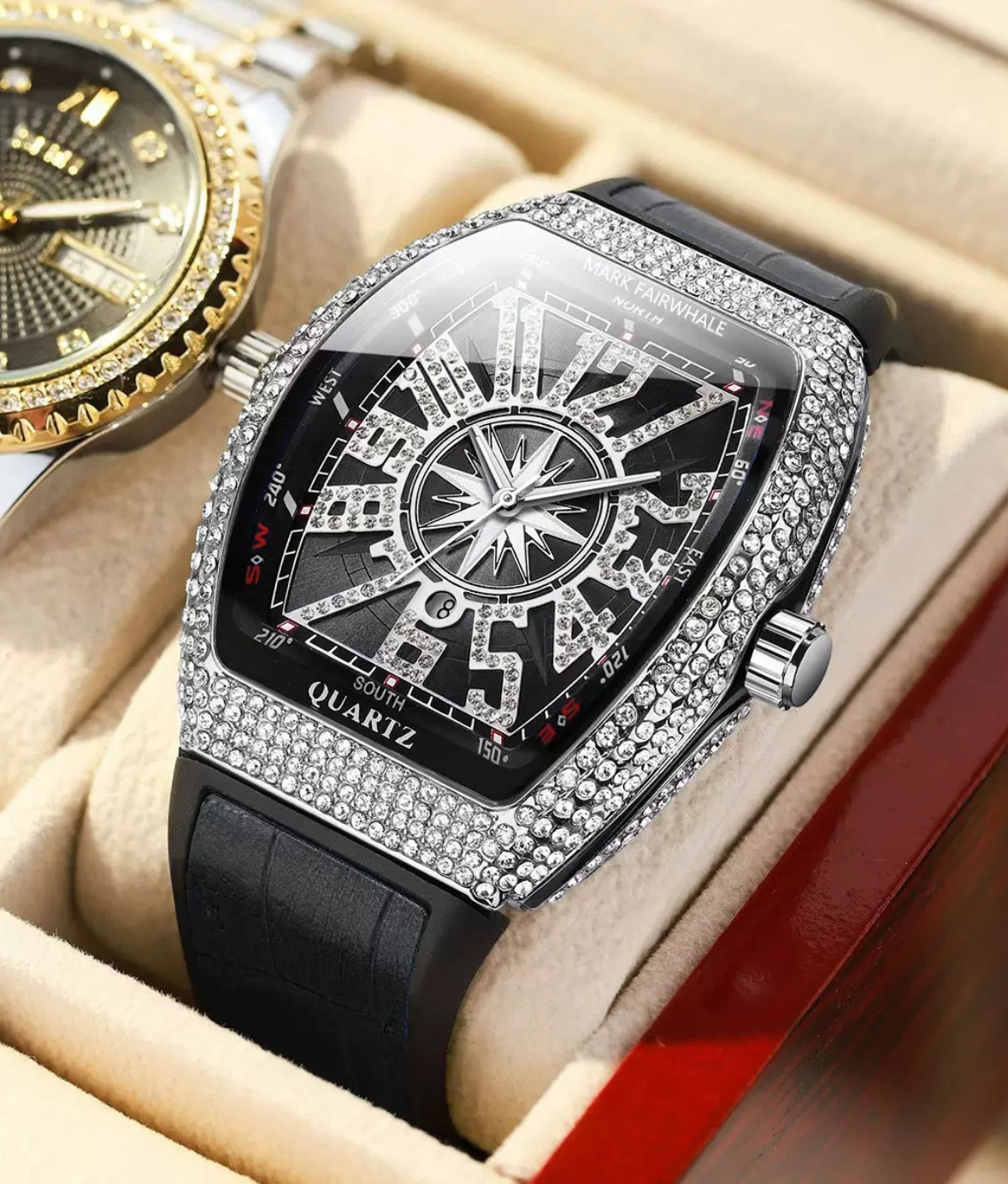 Mark Fairwhale Barrel-Shaped Full Diamond Quartz Watch – Cross-Border Fashion Calendar Wristwatch