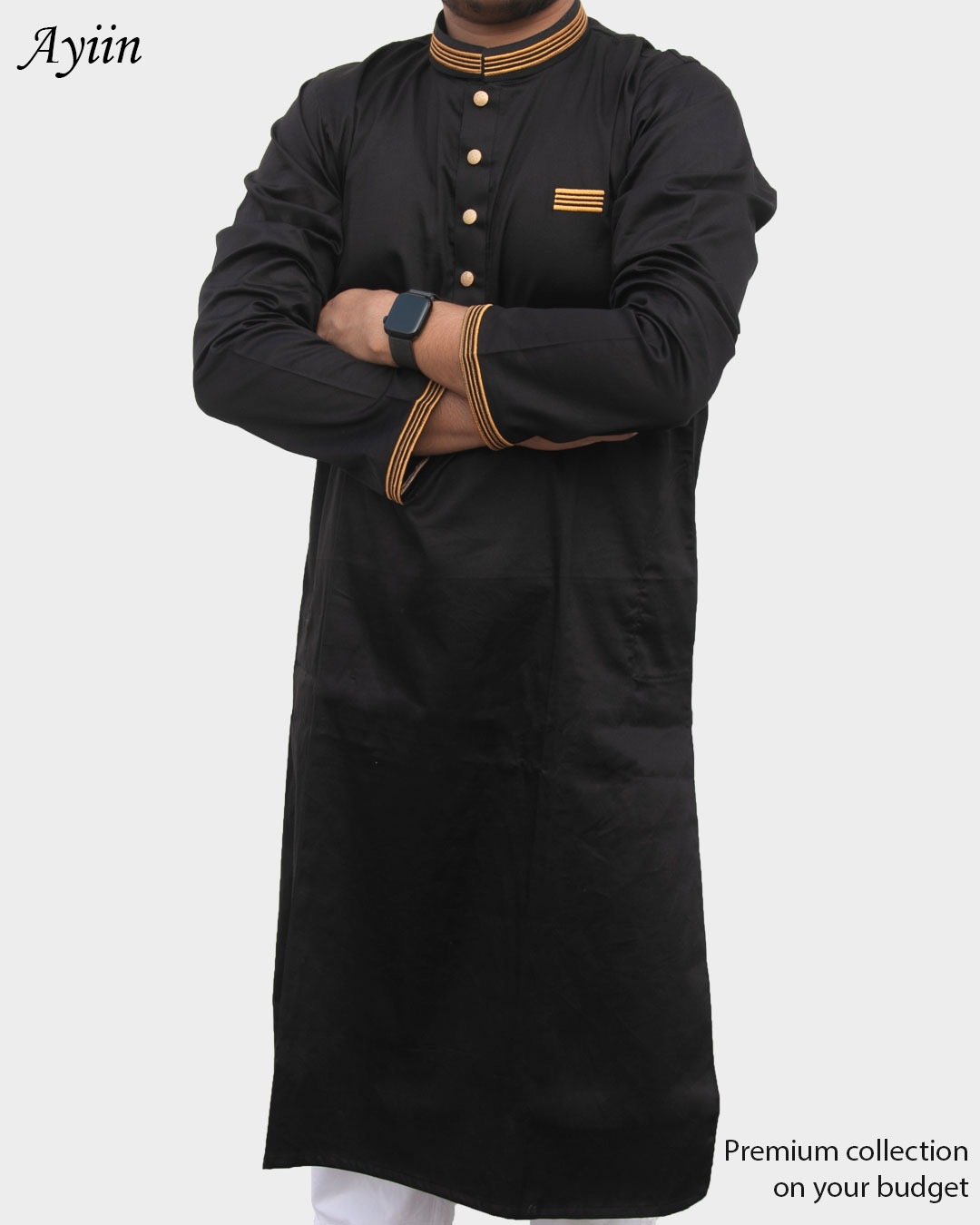 Premium Black Men’s Panjabi with Gold Embroidery