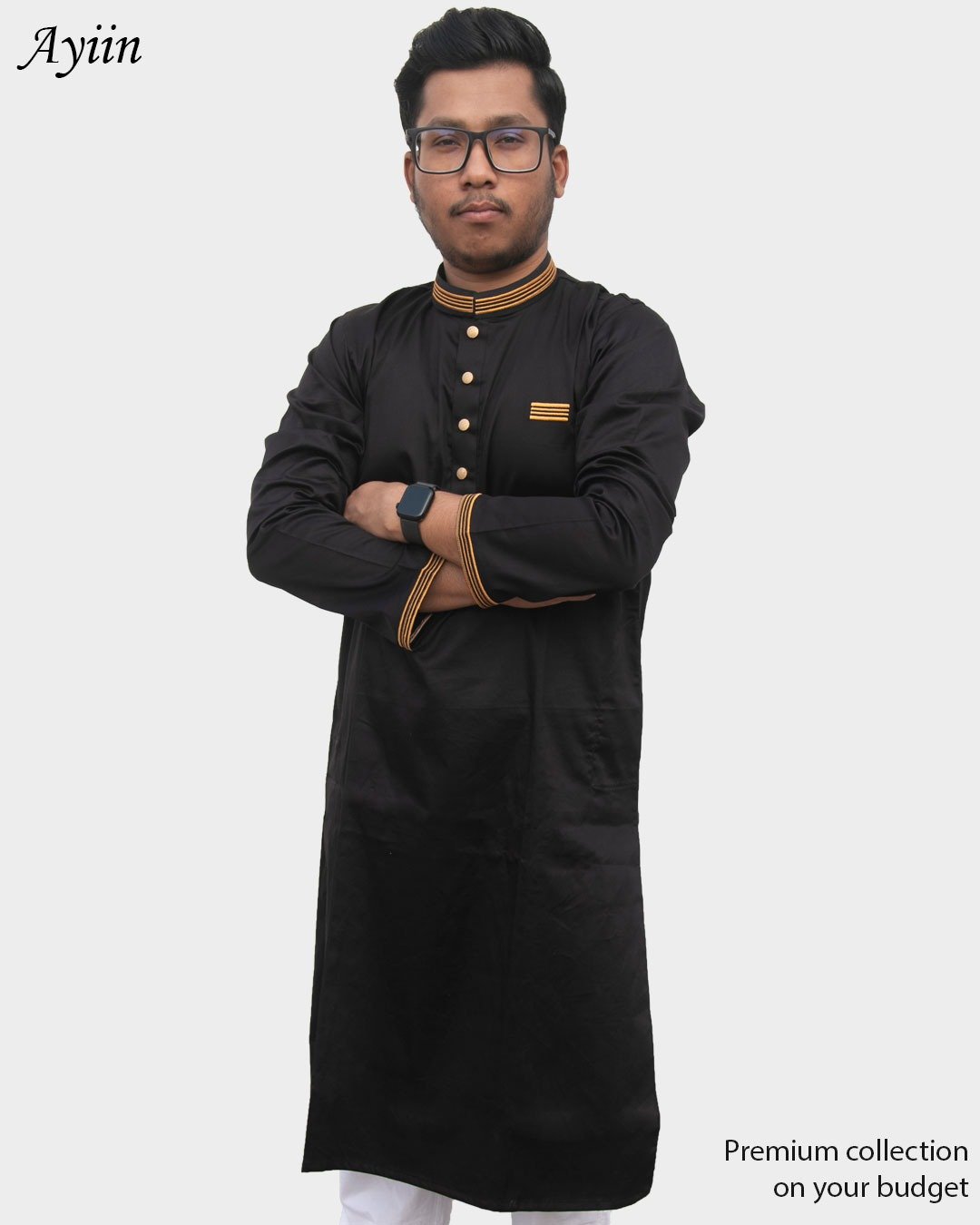 Premium Black Men’s Panjabi with Gold Embroidery