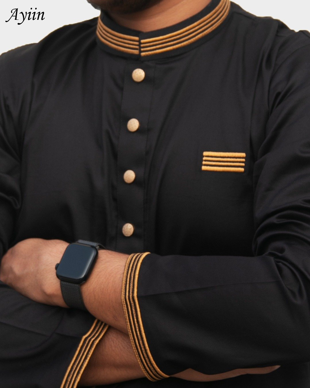 Premium Black Men’s Panjabi with Gold Embroidery